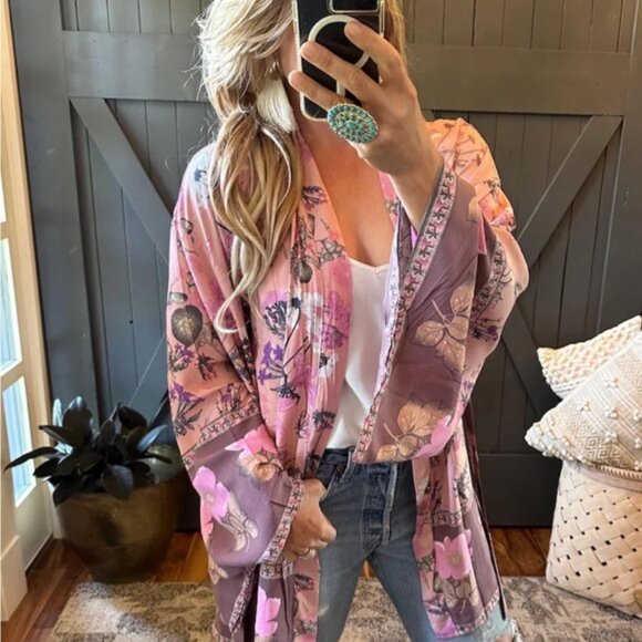 New Boho Floral Kimono Sleeve Cardigan Floral Top Jacket Swim Cover-up Women's - Picture 6 of 9
